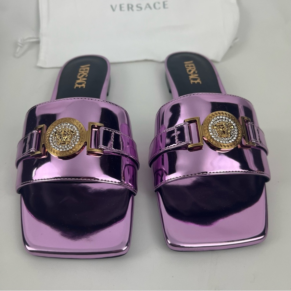 Versace Metallic Patent Leather Medusa Head With Rhinestone size 40 or 9.5